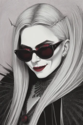 Portrait Of A Female Vampire, Old, Evil, Showing Fangs1.1, L... — Stable Diffusion AI Prompt: portrait of a female vampire, old, evil, (showing fangs:1.1), long flowing hair,...