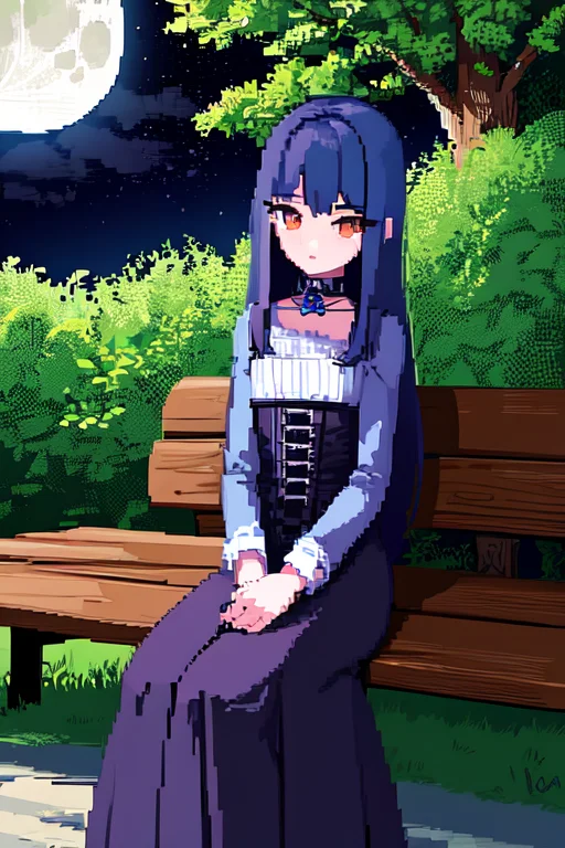 1girl, Solo, Sitting, Long Hair, Gothic Dress, Outdoors, Ben...