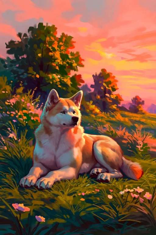 Japanese Akita Inu Dog Resting Peacefully In A Lush, Colorfu...