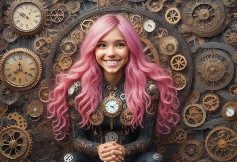 Full Body Shot, A Young Woman Sitting On A Giant Clock Hand...