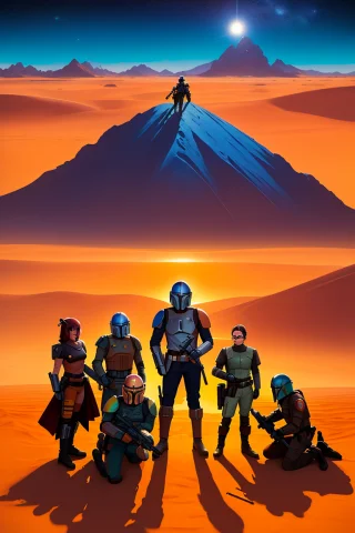 A Developers Conf Poster, A Mandalorian Squad Centered, Spac... — Stable Diffusion AI Prompt: a developers conf poster, A mandalorian squad centered, space, desert, mountains...