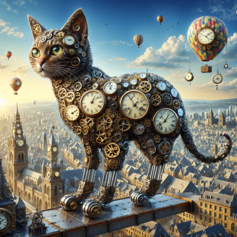 Cat With A Clock Head, Gearshaft, Clock Wheels, Rolling On S...