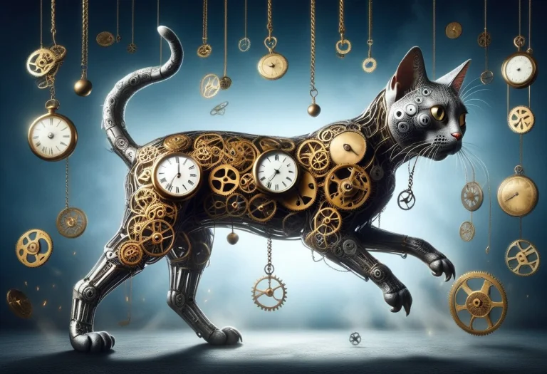 Clockwork Cat Attacking A Pocket Watch, Scattered Gears And...