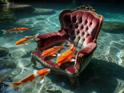 8. Aquatic Surrealism, A Plush Antique Velvet Armchair Subme... — Stable Diffusion AI Prompt: 8. aquatic surrealism, a plush antique velvet armchair submerged in a crystal-cl...