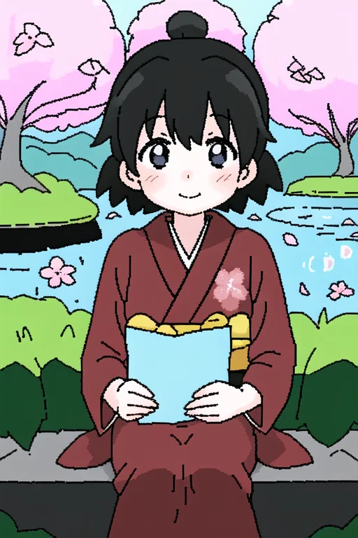 A Portrait Of A Girl In A Red Kimono Sitting By The Lake At...