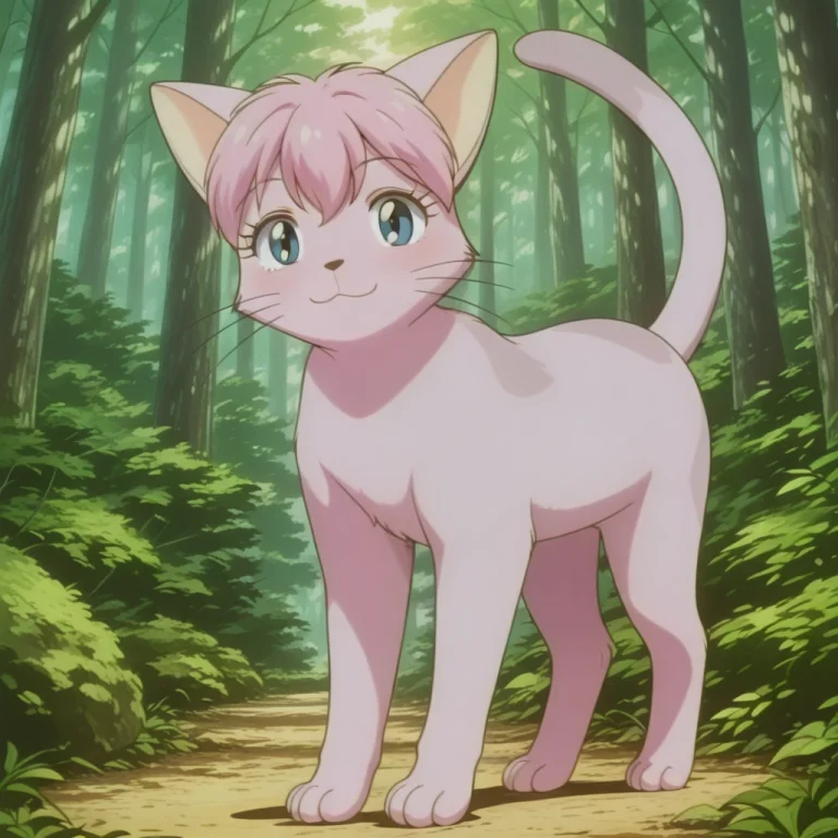 Momokowp, Solo, 1girl, Feral, Furry, Cat, Pink Fur, Light Gr...