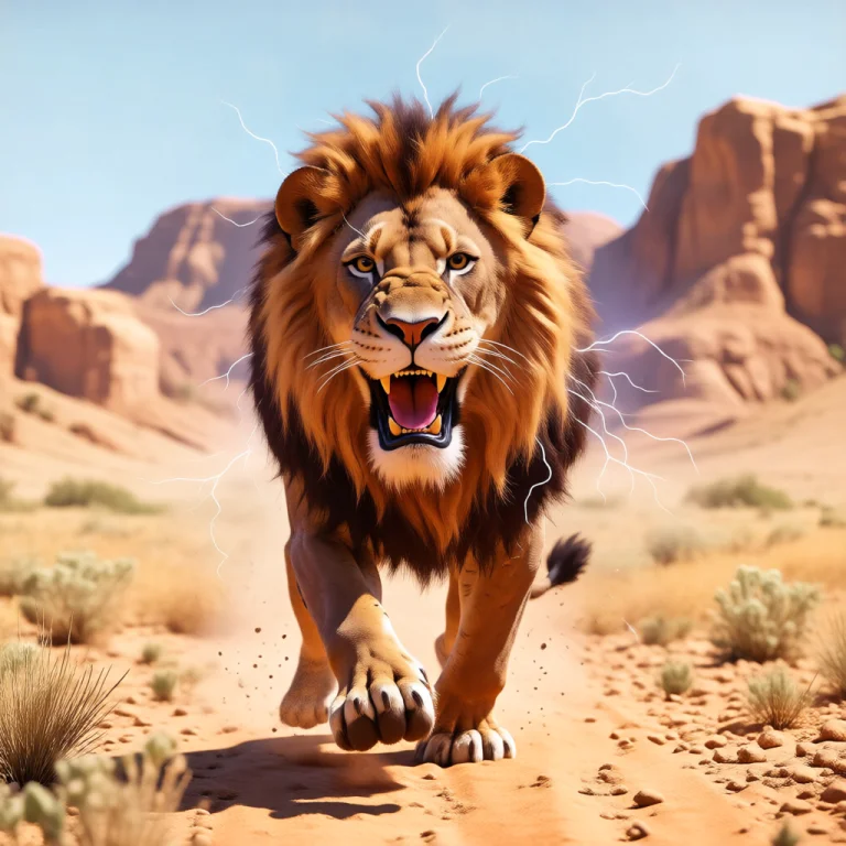 A Mighty Lion With Visible Electric Charge Running Though Hi...