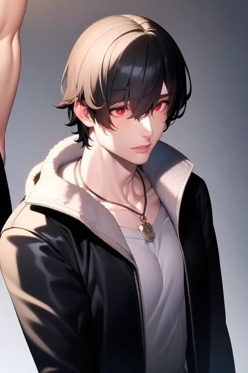 Loramanav1.50.9, 1boy, Jacket, Black Hair, Red Eyes,necklace...