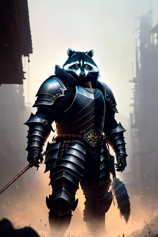 Cowboy Shot, Digital Painting Of A Raccoon Knight, Paws, Wea...