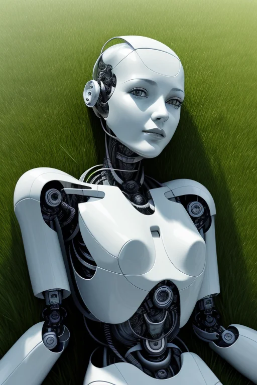 A Portrait Of Robot Woman In Laying Down On Grass