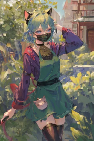 Masterpiece, Best Quality, 8k,absurdres, 1girl, Blue Eyes, M... — Stable Diffusion AI Prompt: masterpiece, best quality, 8k,absurdres, 1girl, Blue eyes, mask, green hair cat...