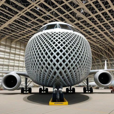 A Boeing 747 In A Hangar, Gyroid, Lattice Structure — SDXL AI Prompt: a boeing 747 in a hangar, gyroid, lattice structure