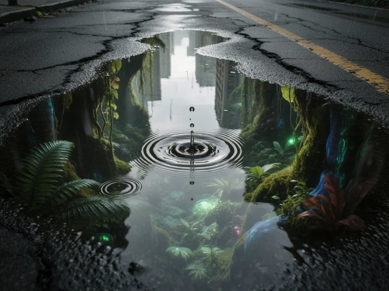 10. Reflective Surrealism, A Rain Puddle On A Gray, Cracked...