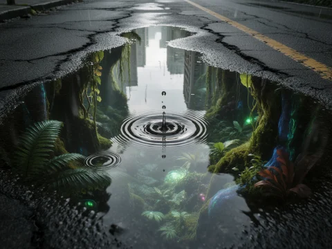 10. Reflective Surrealism, A Rain Puddle On A Gray, Cracked... — Stable Diffusion AI Prompt: 10. reflective surrealism, a rain puddle on a gray, cracked asphalt road, but th...