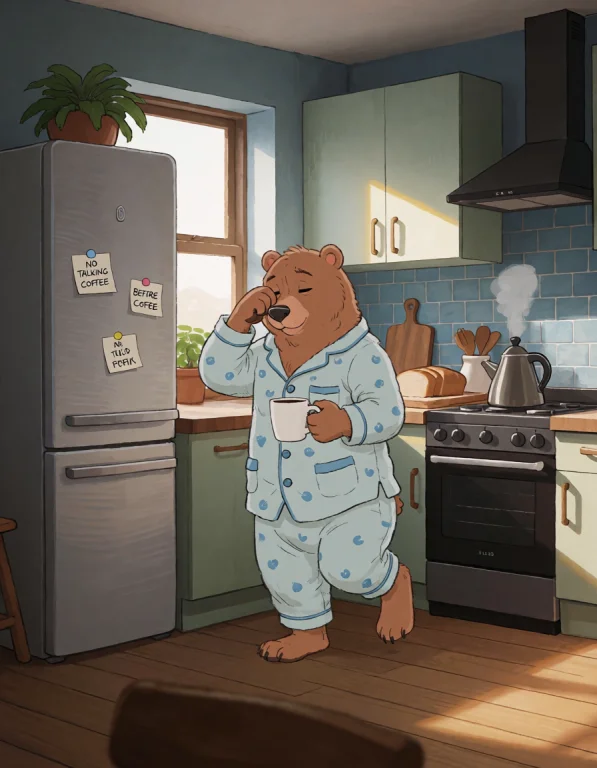 Z4ush, A Hand-drawn Illustration Of A Sleepy Brown Bear In C...