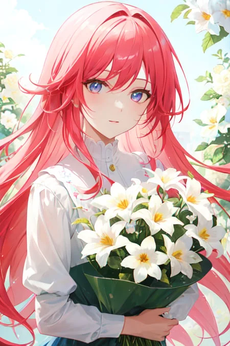 1girl, Solo, Flowers, Pink Hair, White Flowers In Background...