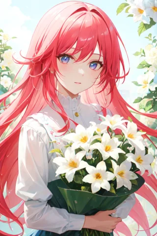 1girl, Solo, Flowers, Pink Hair, White Flowers In Background... — Stable Diffusion AI Prompt: 1girl, solo, flowers, pink hair, white flowers in background, shiny hair, flower...