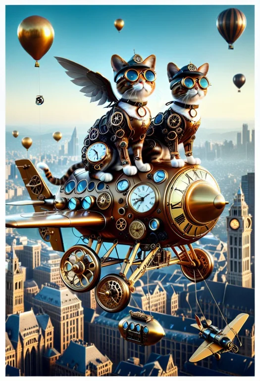 Two Cats Piloting Small Cute Two-seater Airplane Made Of Gol...
