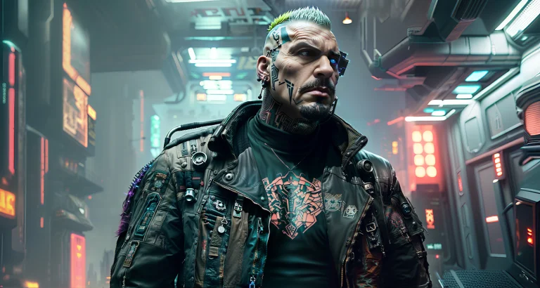 A Half-body Photo Of A Baldcolored Mohawk Rugged Futurist Sc...