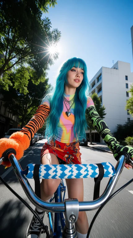 A Young Woman With Long Bright Turquoise Hair Rides A Bicycl...
