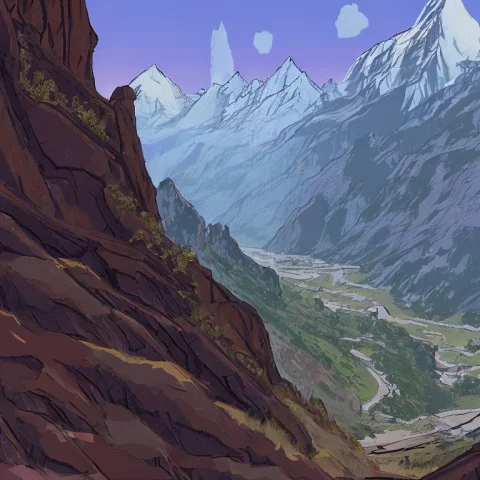A Mountain Pass With Caves And Rock Cliffs In The Mountains... — Stable Diffusion AI Prompt: a mountain pass with caves and rock cliffs in the mountains of Himalayas in the...