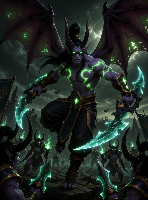 Warcraft, Winged Illidan Stormrage Descending Over An Army O...