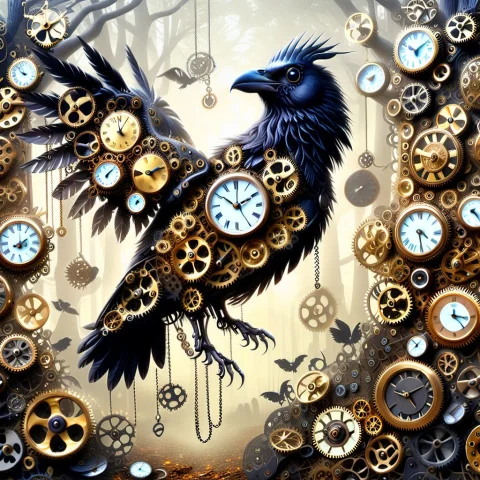 A Flock Of Ravens In The Woods, Old-fashioned Watches Or Clo... — SDXL AI Prompt: a flock of ravens in the woods, Old-fashioned watches or clocks embedded in the...