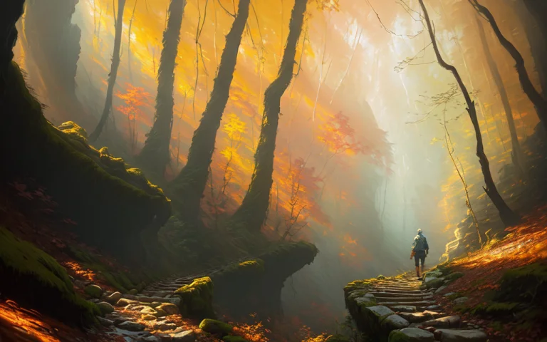 Oil Painting Of A Hiker Walking In A Stunning Ravine, Bright...