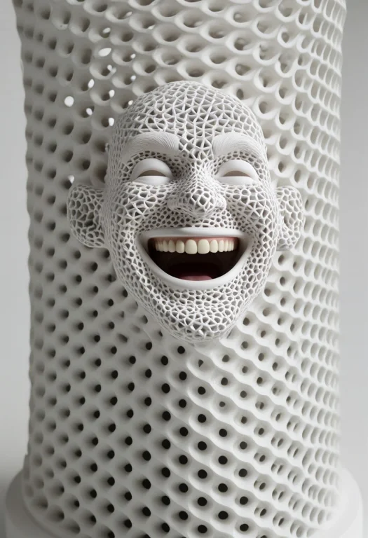 A Statue Of A Man, Laughing, Gyroid Latticework, Porous Skin...
