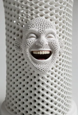 A Statue Of A Man, Laughing, Gyroid Latticework, Porous Skin... — SDXL AI Prompt: a statue of a man, ((laughing)), gyroid latticework, porous skin, interconnected...