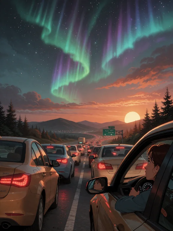 A Completely Mundane Gridlocked Highway At Sunset, Brake Lig...