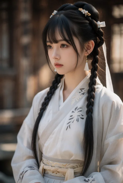 一位年轻女子身着淡雅的汉服,白色交领右衽上衣搭配浅米色宽袖外...
