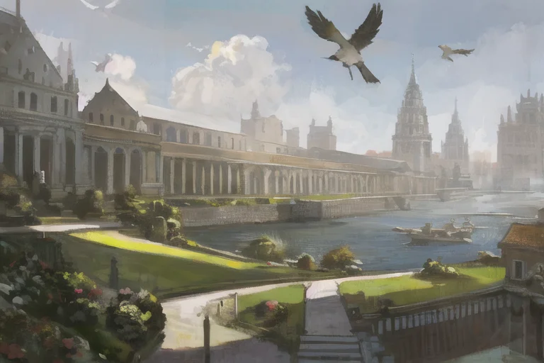 A Painting Of A City With A Large Building On Top Of It And...