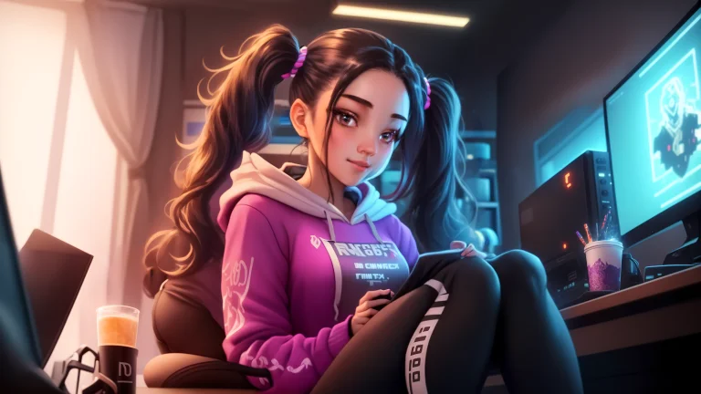 Gamer Girl Sitting In A Dark Gamer Room In Front Of An Intri...