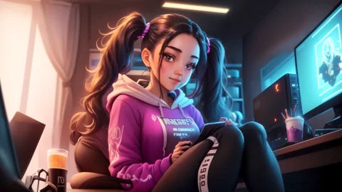 Gamer Girl Sitting In A Dark Gamer Room In Front Of An Intri... — Stable Diffusion AI Prompt: gamer girl sitting in a dark gamer room in front of an intricate desk, expensive...