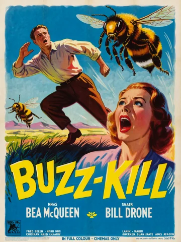 Vintage Movie Poster Of A Film Called Buzz-kill - A Man Is B... — Stable Diffusion AI Prompt: Vintage movie poster of a film called "Buzz-Kill" - a man is being chased by a g...