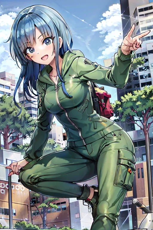 1girl, Solo, Forest Blue Hair, Hiking Boots, Cargo Pants, Ho...