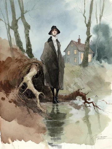 Bradhamel Art Style. A Solitary Woman In A Dark, Long Coat A... — Stable Diffusion AI Prompt: Bradhamel art style. A solitary woman in a dark, long coat and hat stands on mud...