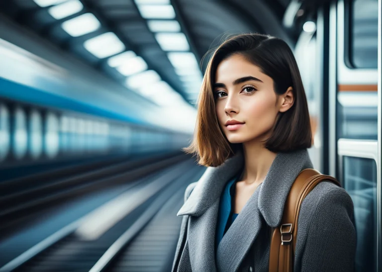 Half Body Photo, Close Up, Beautiful Young Woman, Train Stat...