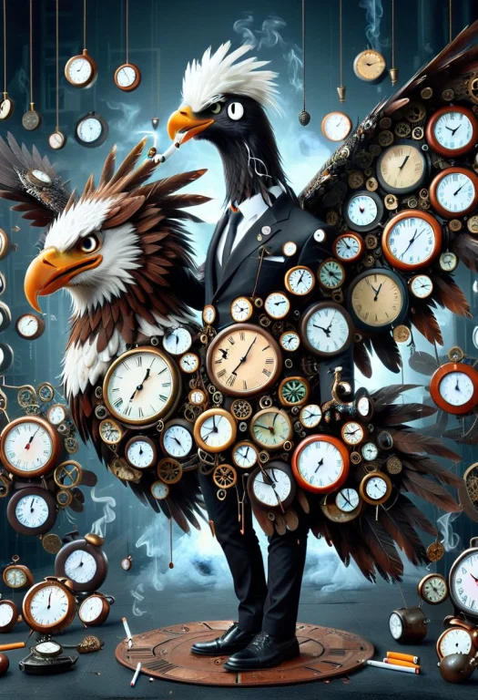 Clockstyle, An Eagle Wearing A Suit And Tie Made Of Clocks,...