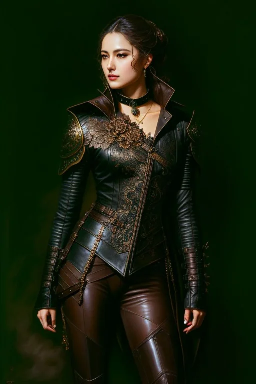A Woman In A Black Leather Outfit With A Brown Collar And A...