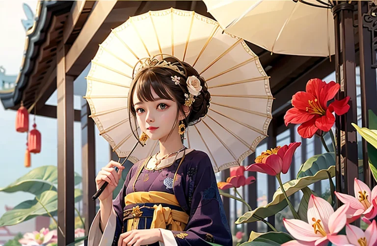 1girl, Blackhair, Blueeyes, Blueumbrella, Branch, Camellia,...