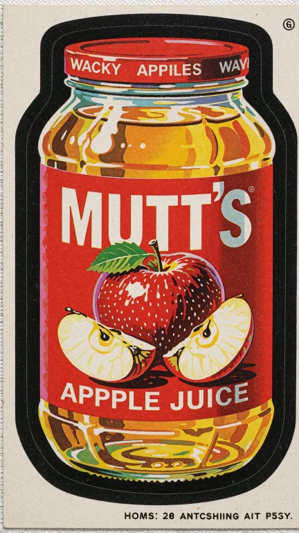 Sticker Of A Jar Of Mutts Apple Juice, Wacky Packages Style