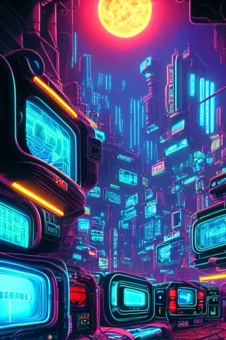 Highly Detailed, Lots Of Crt Tvs, In A Cybernetics City, Neo... — Stable Diffusion AI Prompt: highly detailed, lots of CRT TVs, in a cybernetics city, neon, old cyberpunk, ba...