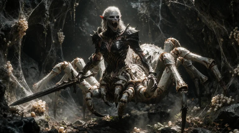 A Colossal Drider Stands Poised In A Dark, Cavernous Lair. T...