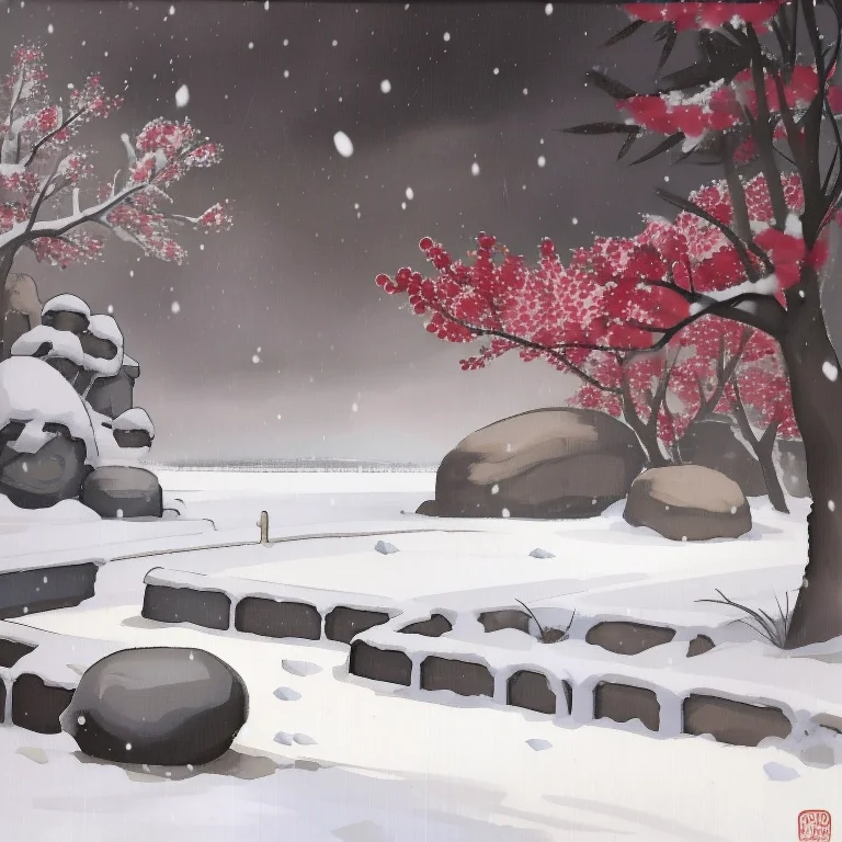 Shuimobysim,plum Blossom,stone,night,snow,bonian, No Humans