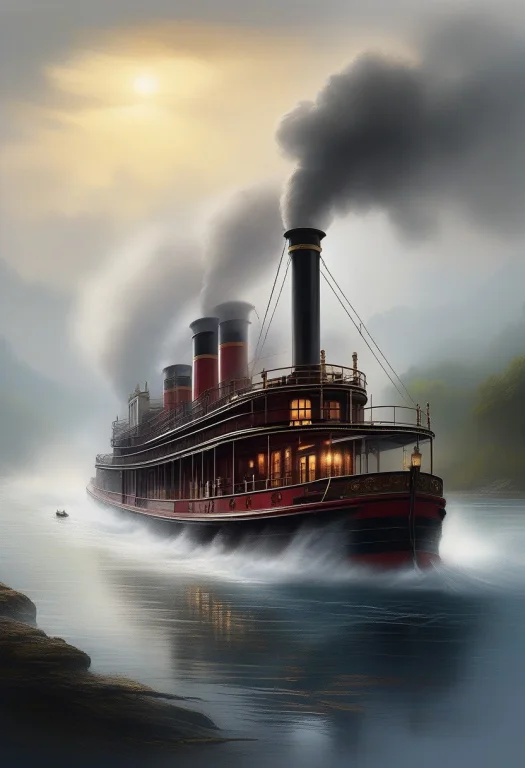 A Paddle Steamer Churning Down A Wide River, Concept Art, Mi...