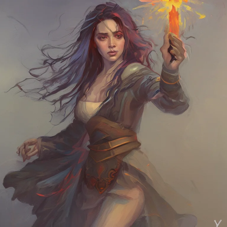 A Colorful Painting Of A Young Female Evil Rogue Wizard Cast...