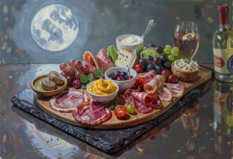A Charcuterie Board Fanned Across Slate, Impressionist Style...