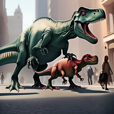 Dinosaurs Roaming A City Street — Stable Diffusion AI Prompt: dinosaurs roaming a city street